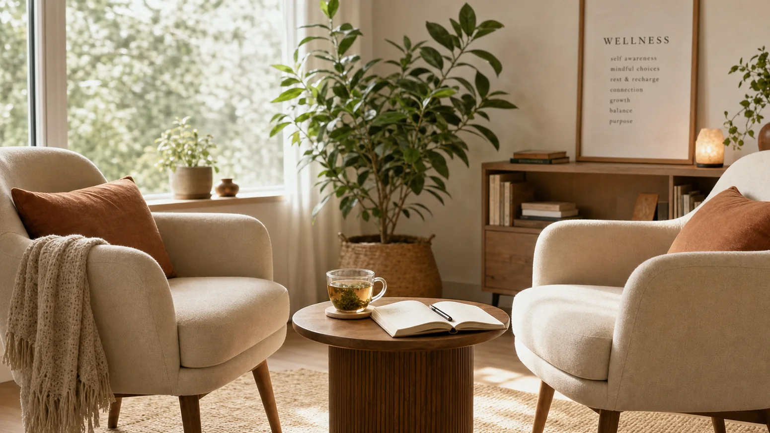 Dos sillones acogedores frente a una ventana con una taza de té y una libreta abierta