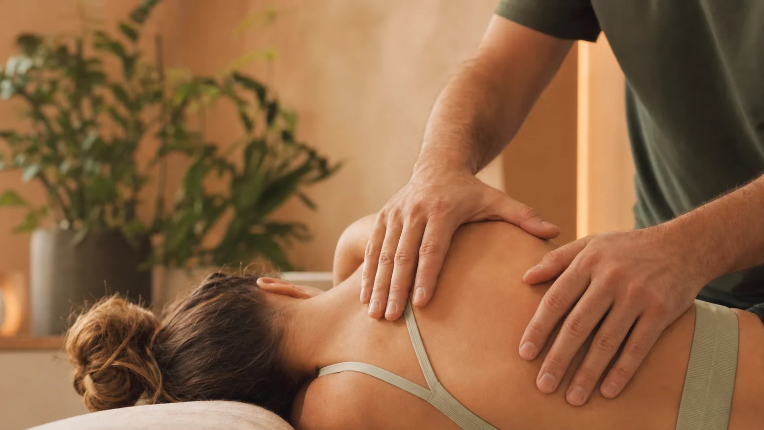 Manos realizando terapia manual sobre la espalda de una paciente en un ambiente cálido