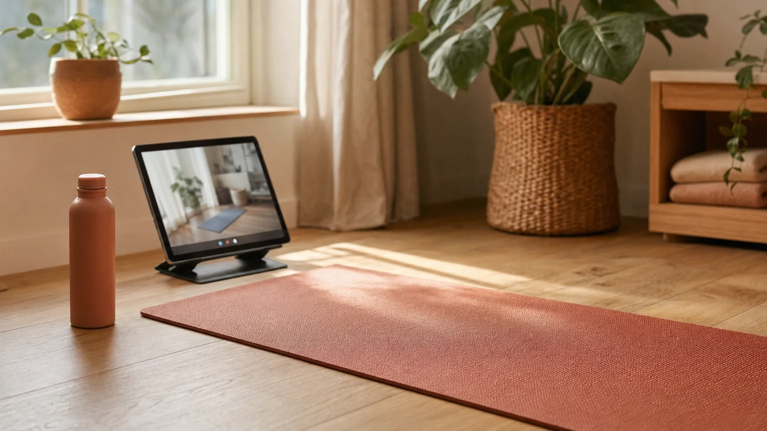 Esterilla de ejercicio junto a una tablet en un rincón luminoso del hogar