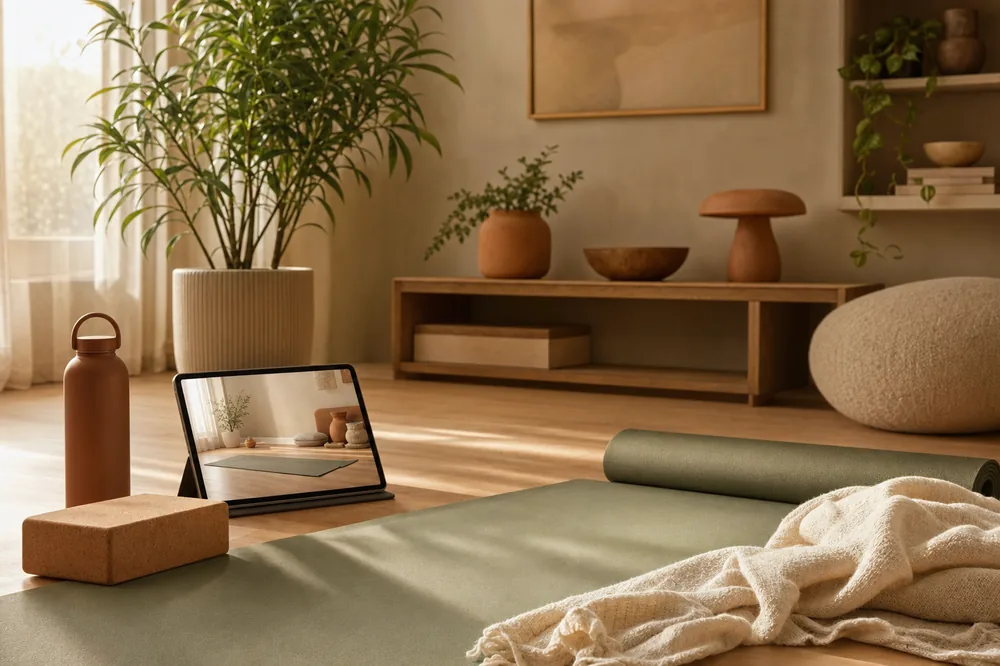 Esterilla de ejercicio junto a una tablet en un rincón luminoso del hogar