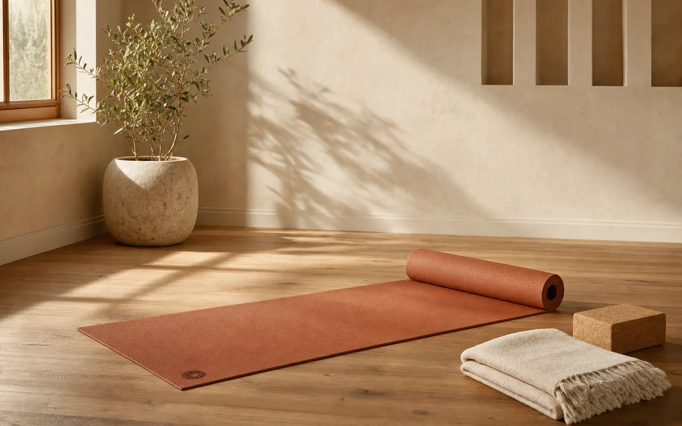 Esterilla de Pilates suelo enrollada sobre suelo de madera en un estudio cálido y luminoso